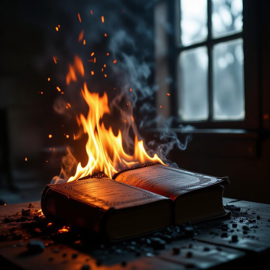 Ancient Book Burns in Dim Room Cinematic Film Still