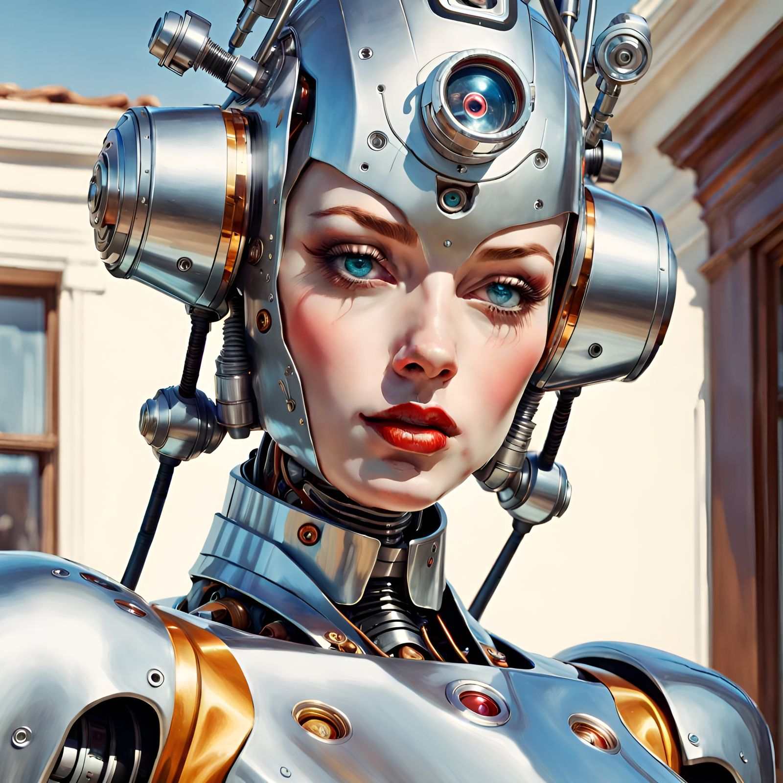 Hyperrealistic Robot Butler in Art Nouveau Style