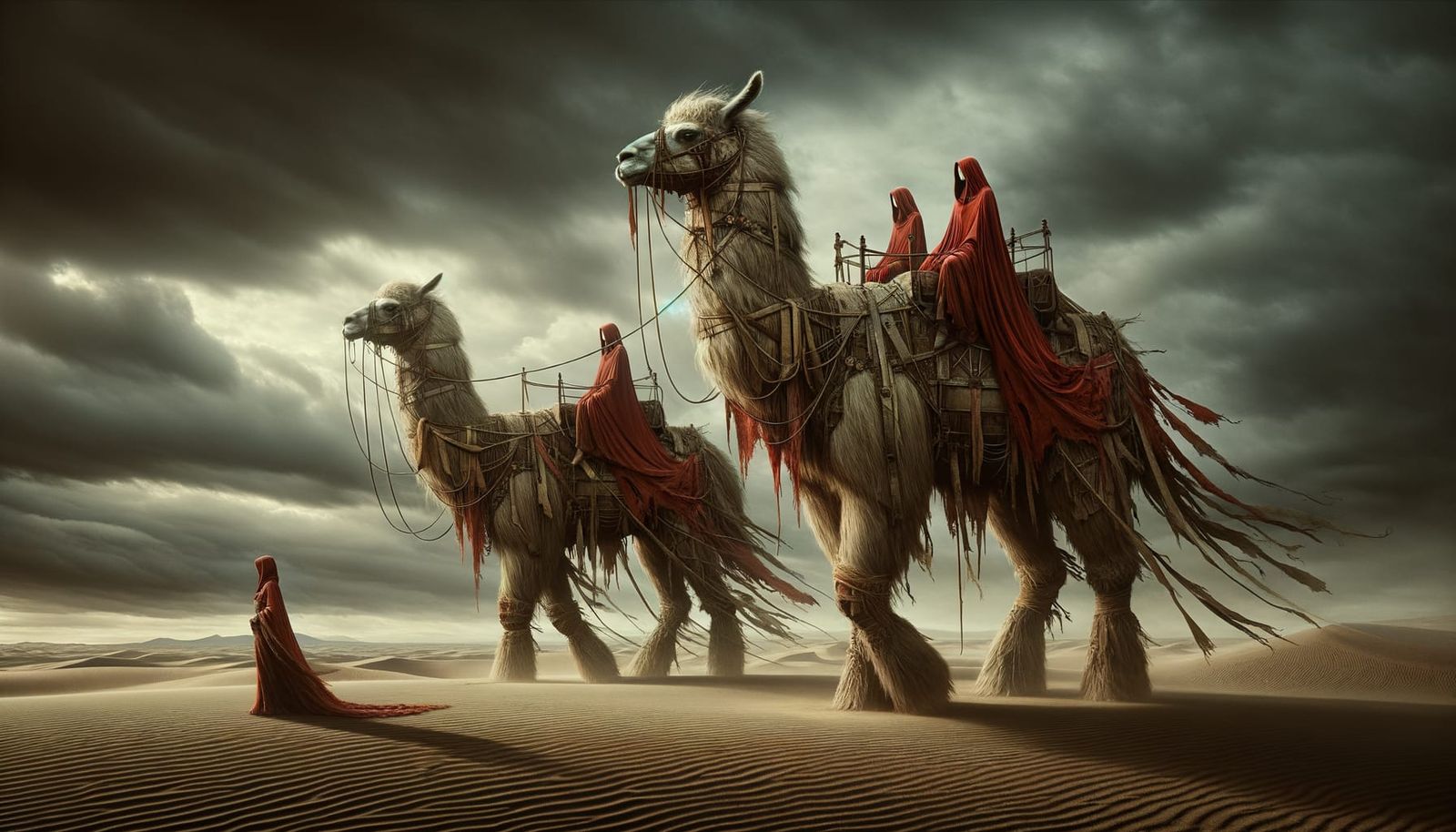 Steampunk Llamas Wander a Surreal Desert Landscape