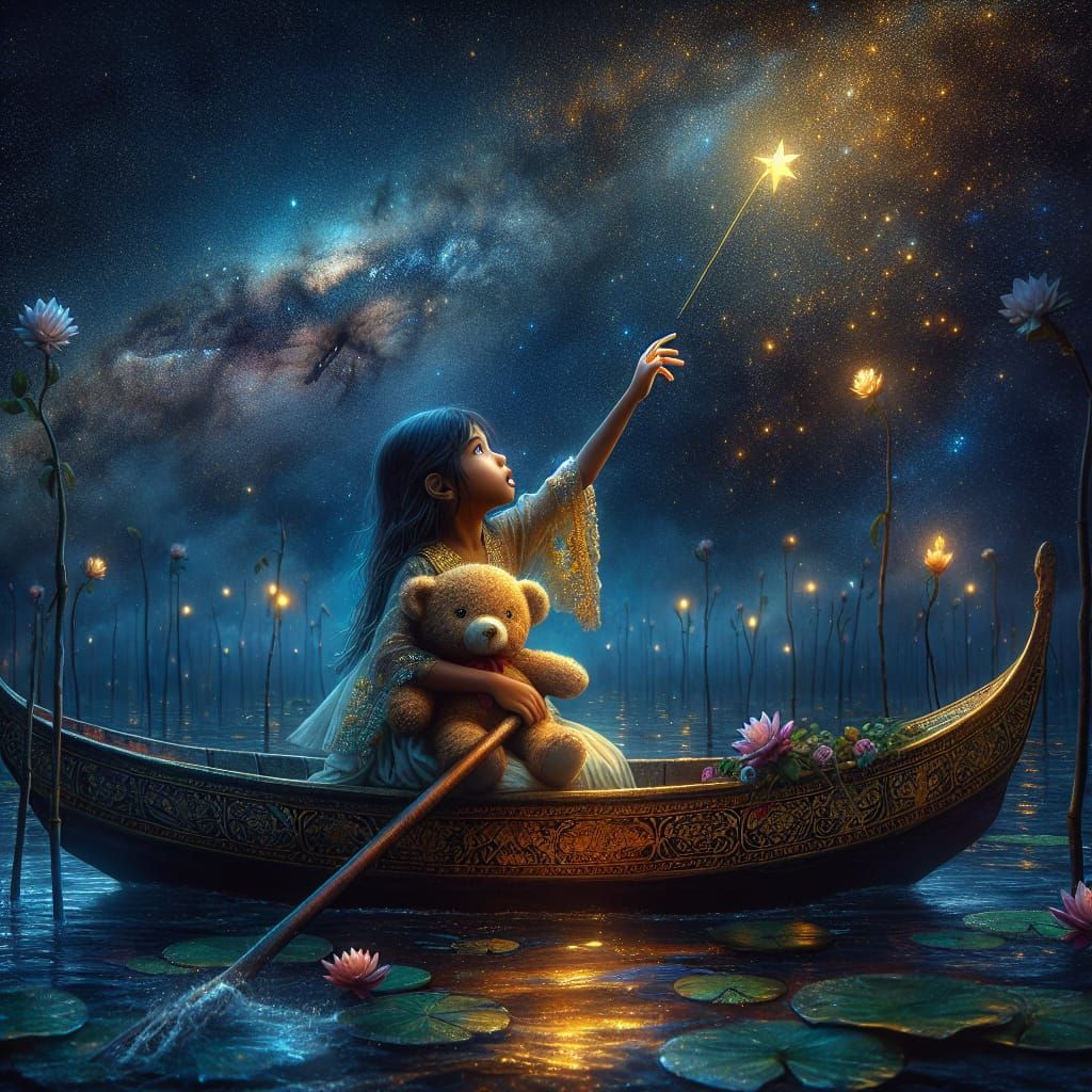 Girl in Boat Reaches for Falling Star