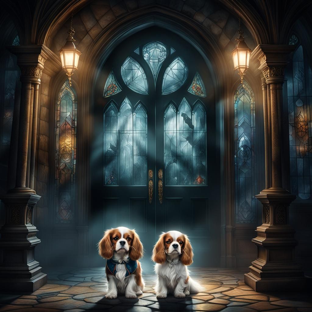 Cavalier Spaniels Explore Haunted Mansion in Matte Painting