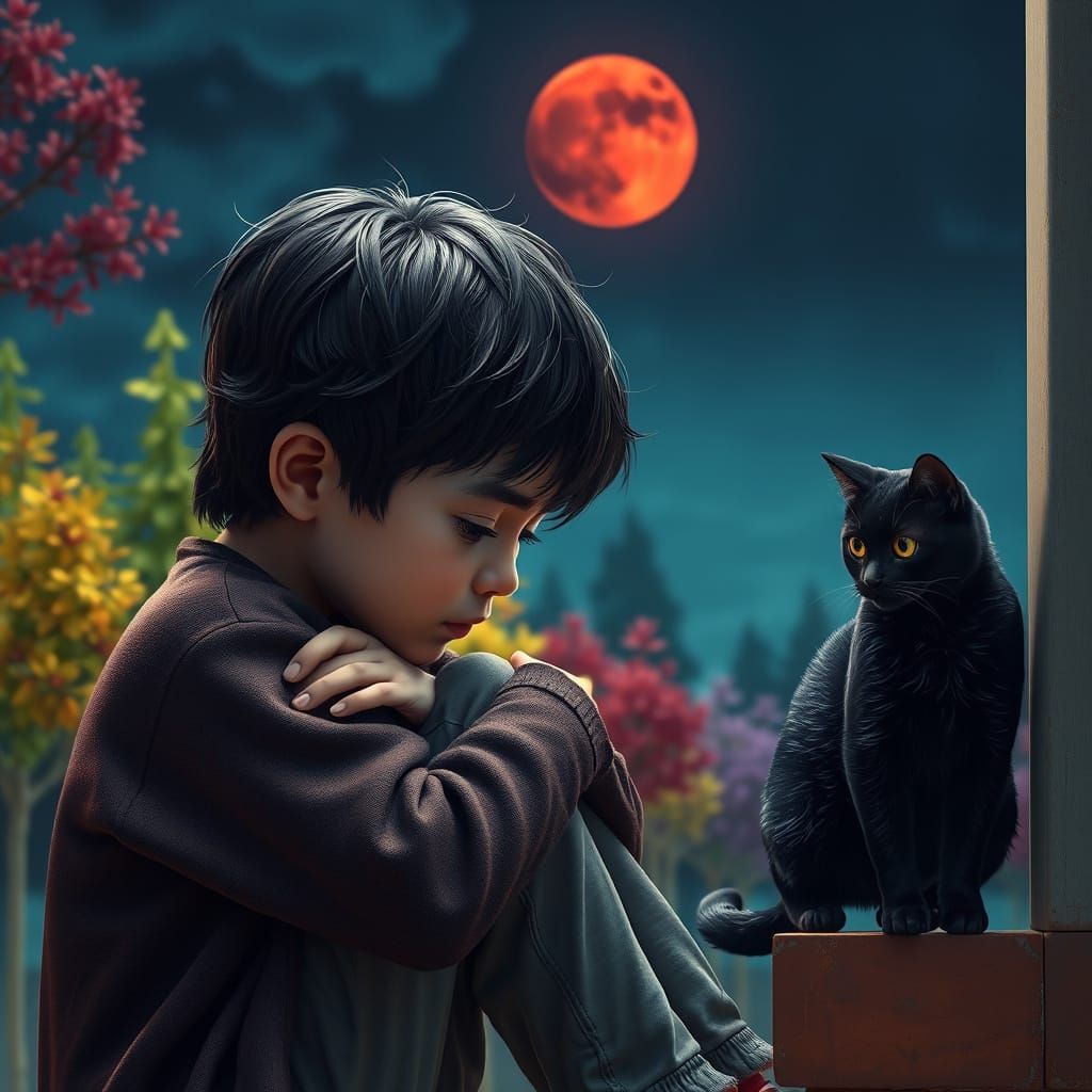 Boy with Red Moon and Plastic Trees in Dramatic Lighting