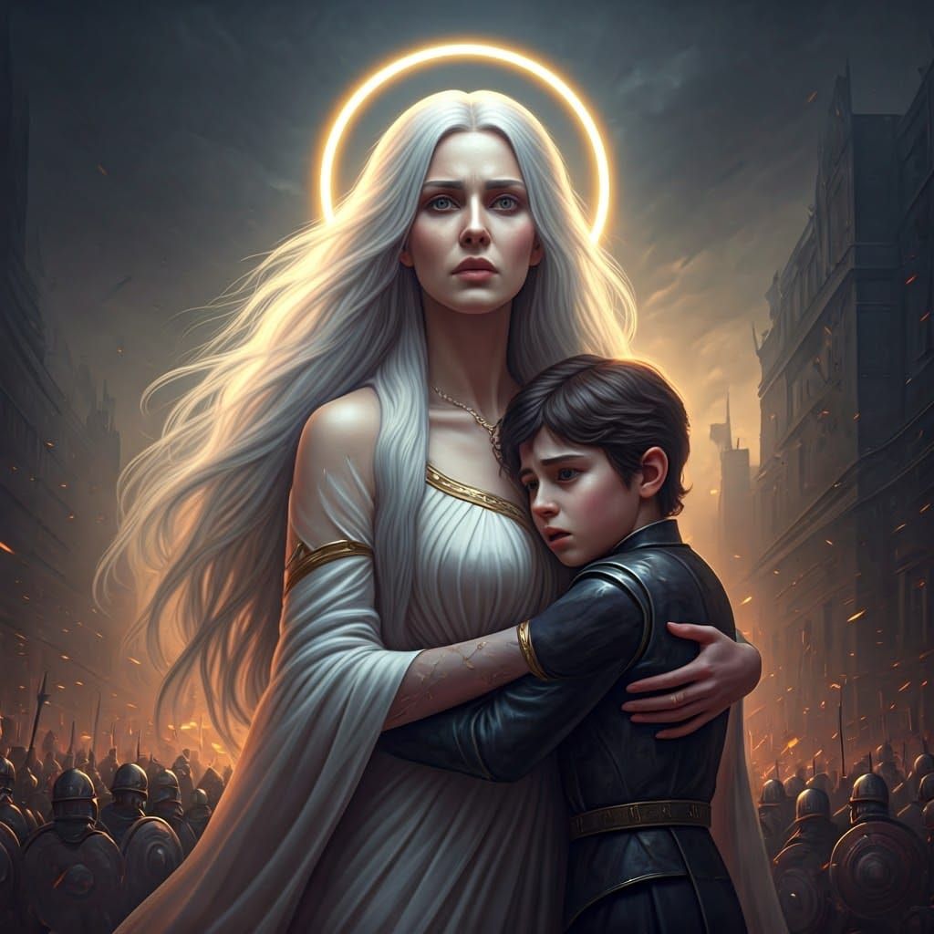 Ultrarealistic Angelic Mother's Devotion in High Contrast