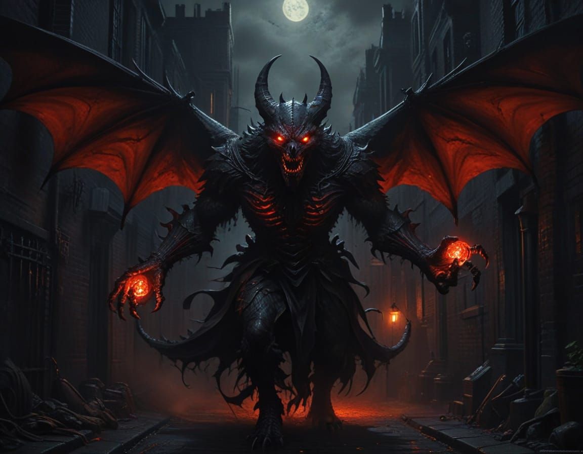 Demonic Creature in Victorian London: Dark Fantasy Oil Paint...