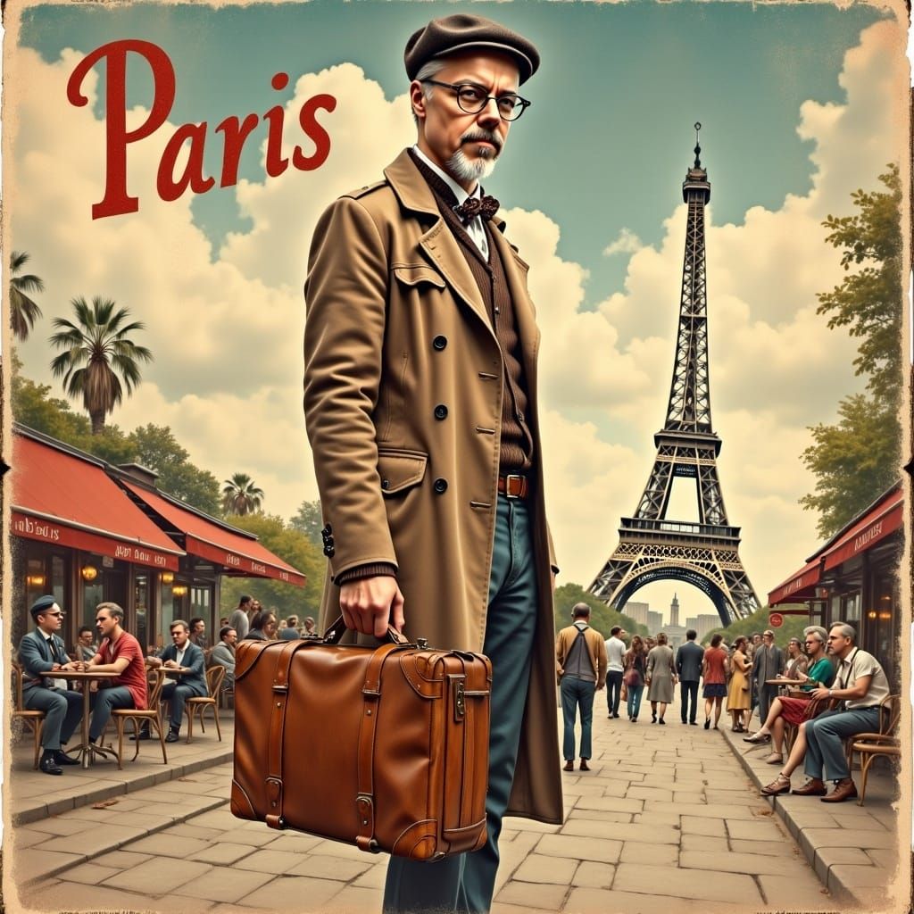Vintage Paris Travel Poster with Stylish Man