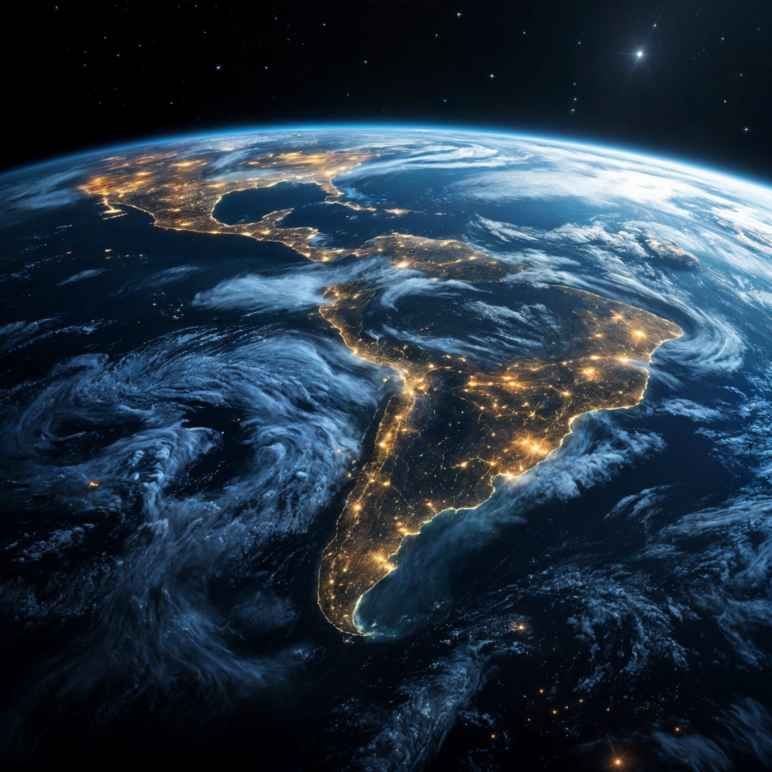 Photorealistic Earth View from Space with City Lights