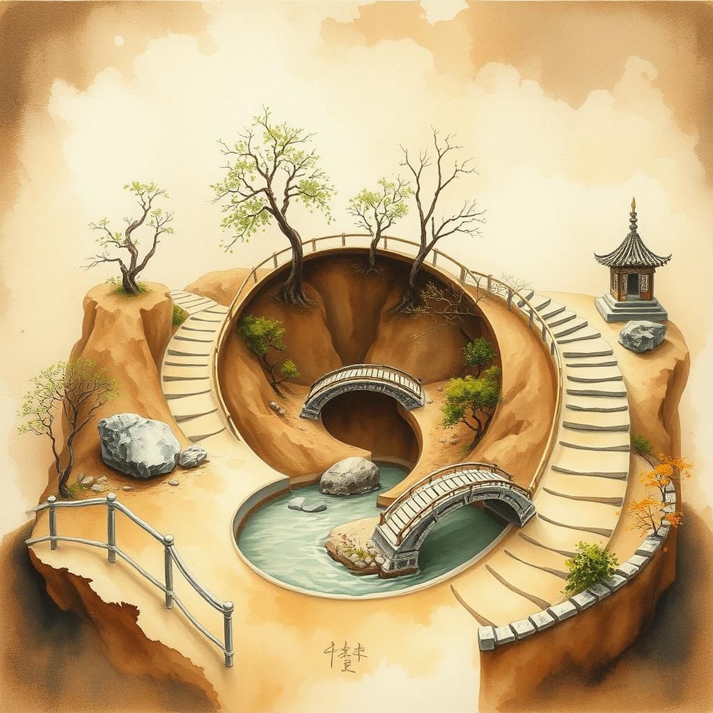 Zen Garden Pathways in Watercolor and Ink