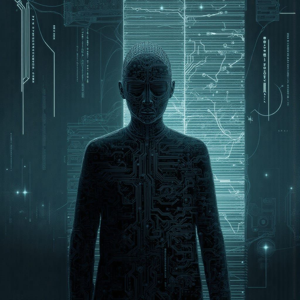 Solitary Figure in Digital Shadow Surrealist Painting