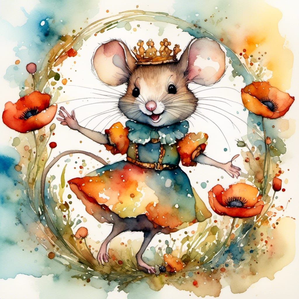 Dancing Mouse in Watercolour Poppy Wreath