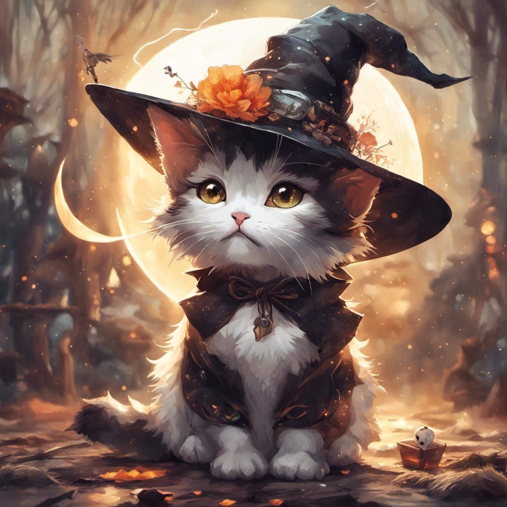 Adorable Anime Witchy Kitten in Celestial Scene