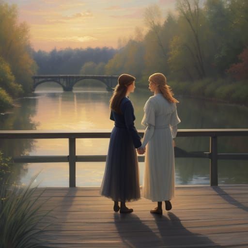 Two Women Embracing Serenity on a Golden Bridge