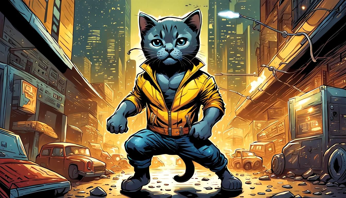 Kitten as Luke Cage in Comic Book Art Style