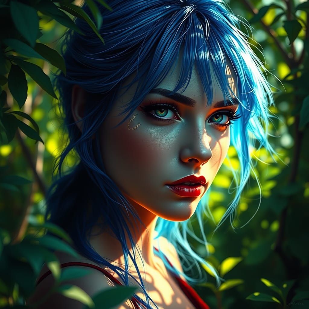 Blue-Haired Woman Portrait in Lush Green Environment