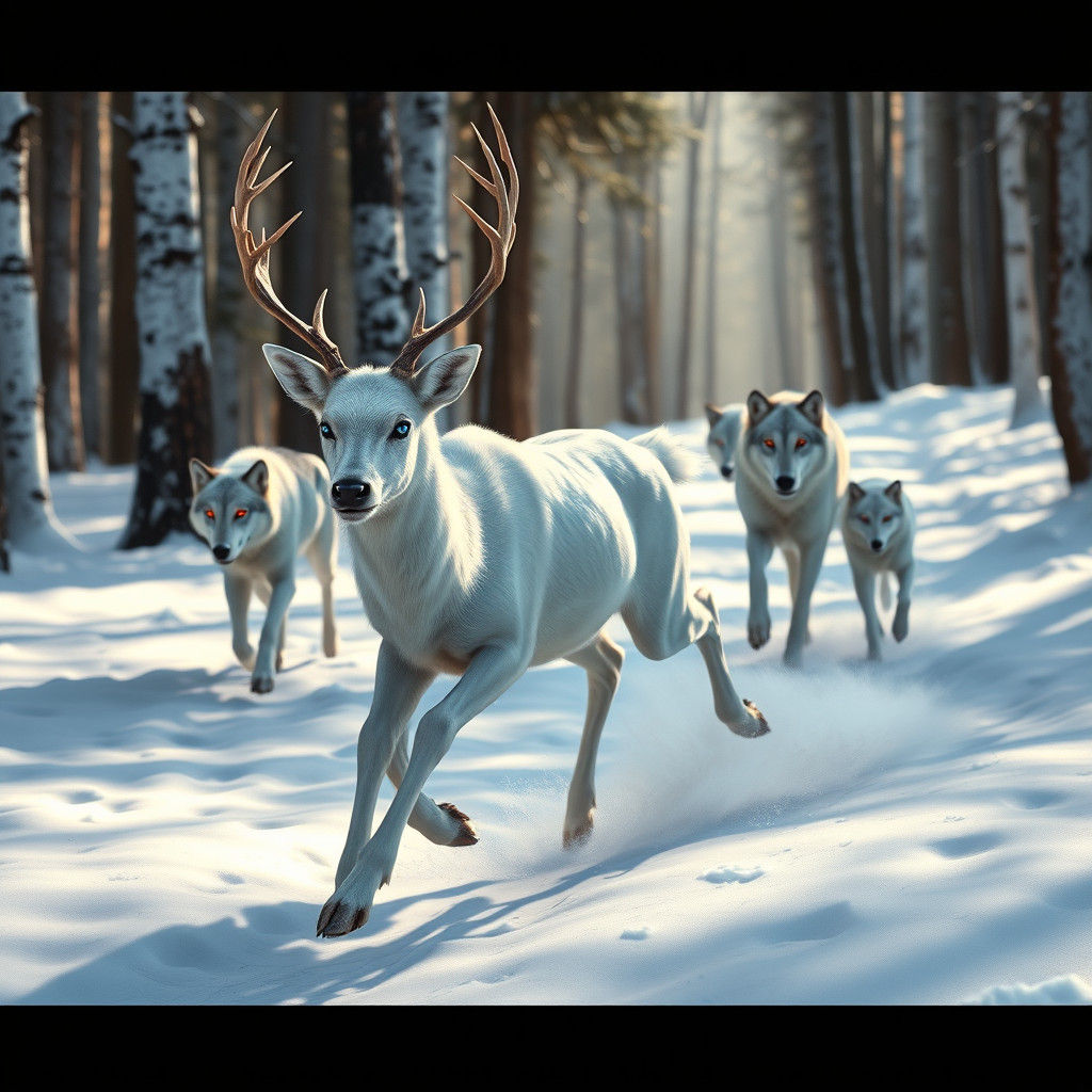 White Deer Chase in Winter Forest, Matte Painting