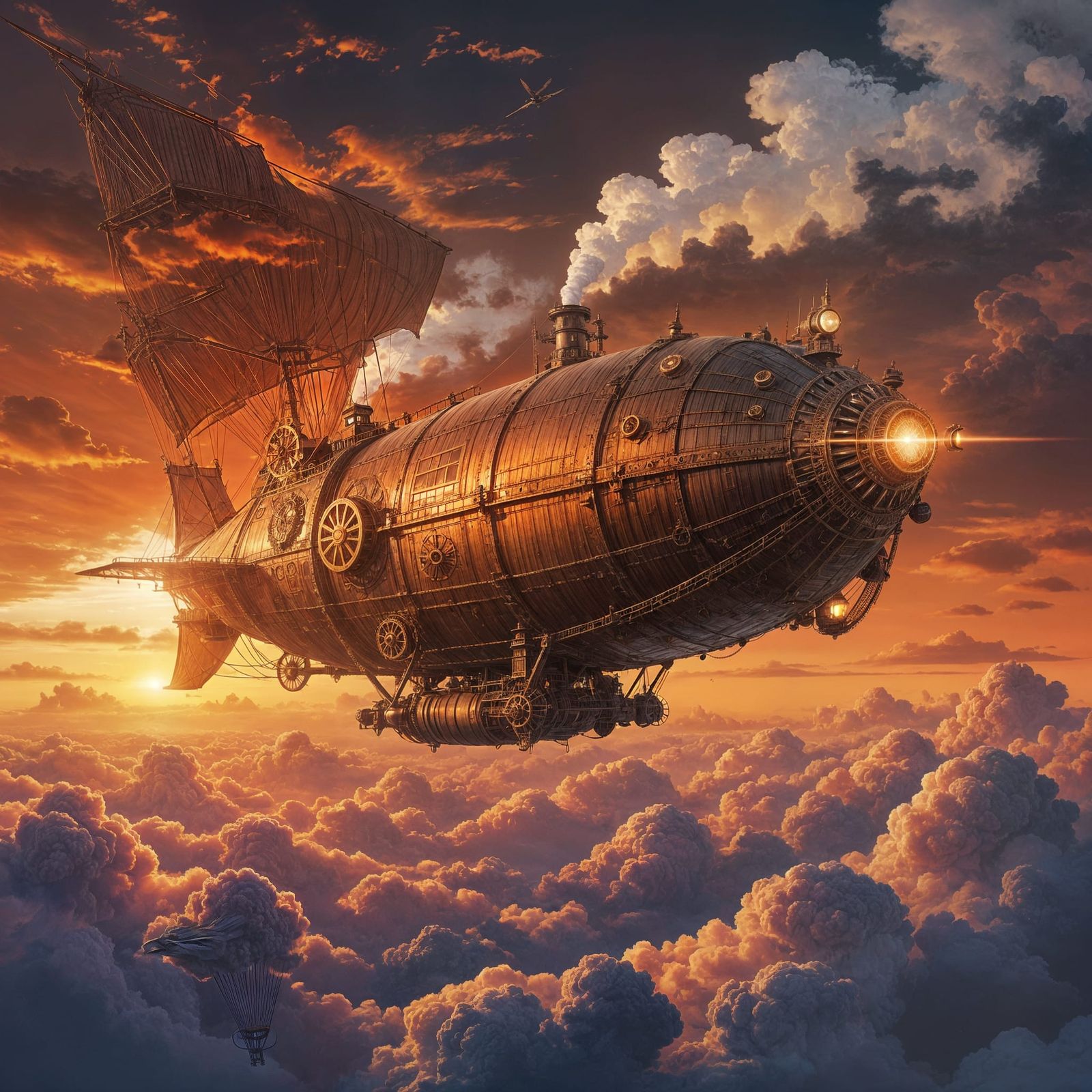 Steampunk Bird Airship Soaring in Crimson Sky