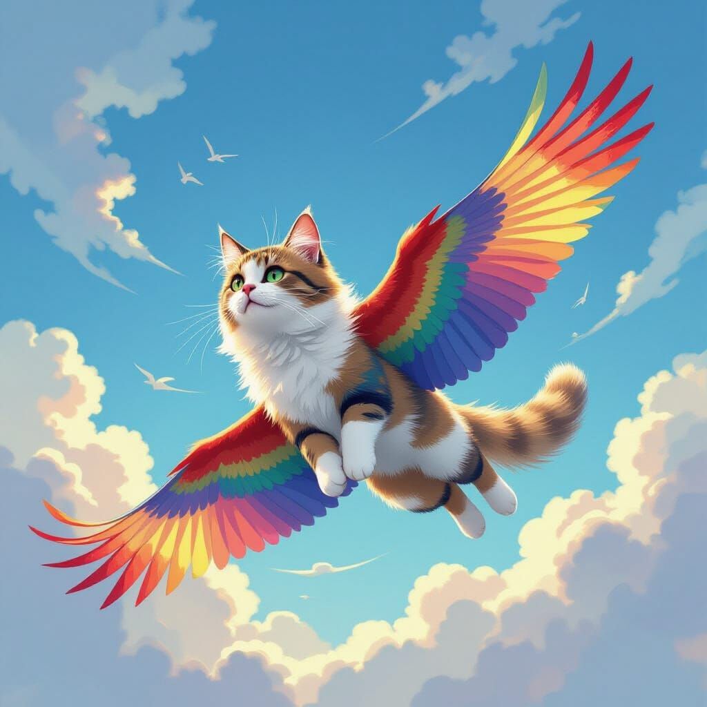Rainbow Feathered Cat Soars Through Sky in Gouache Style