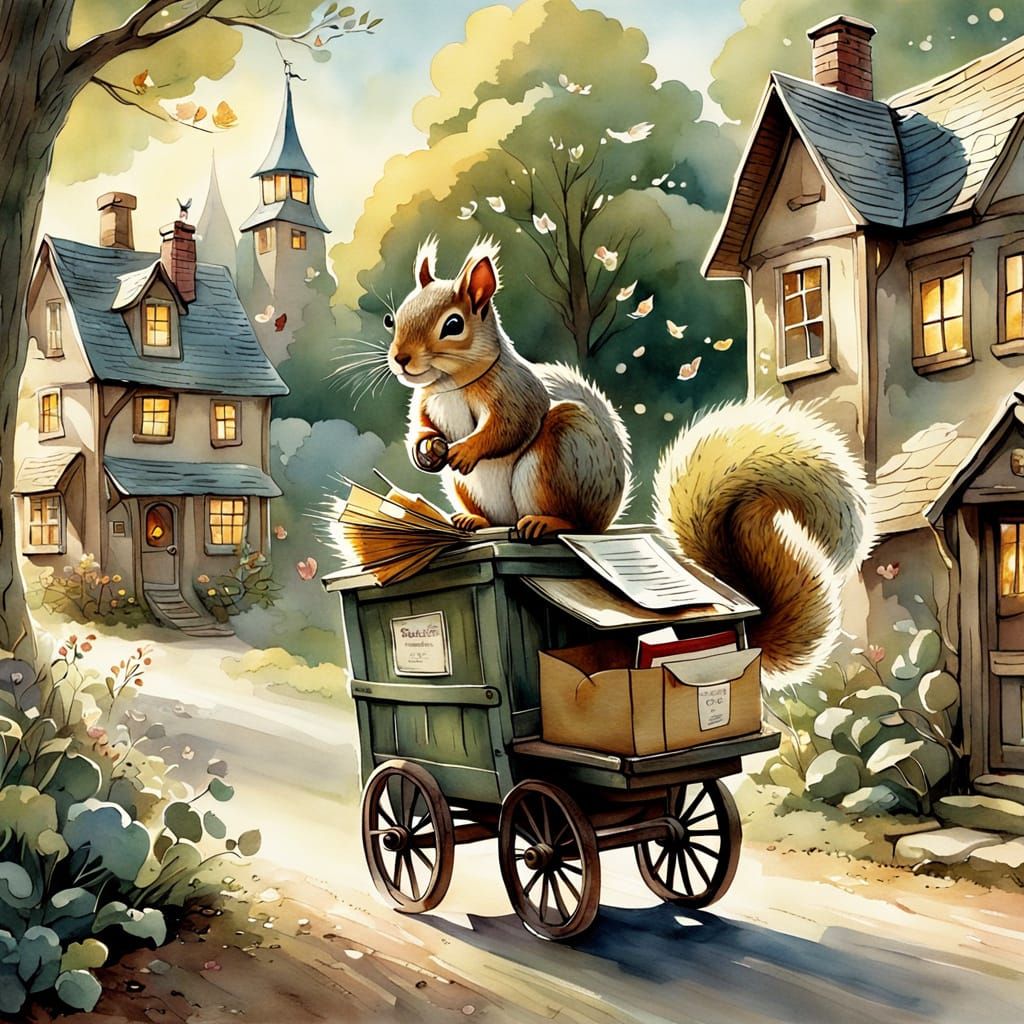 Squirrel Postman in Quaint Village, Watercolor Style