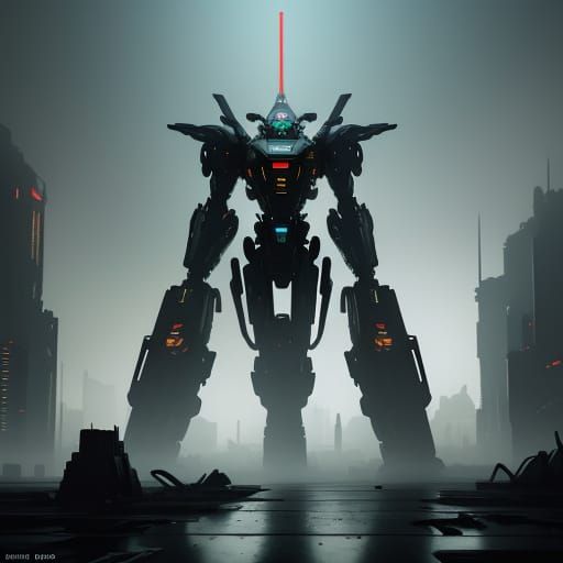 Epic Futuristic Mech Amidst Ruined Cityscape in Hyper-Realis...