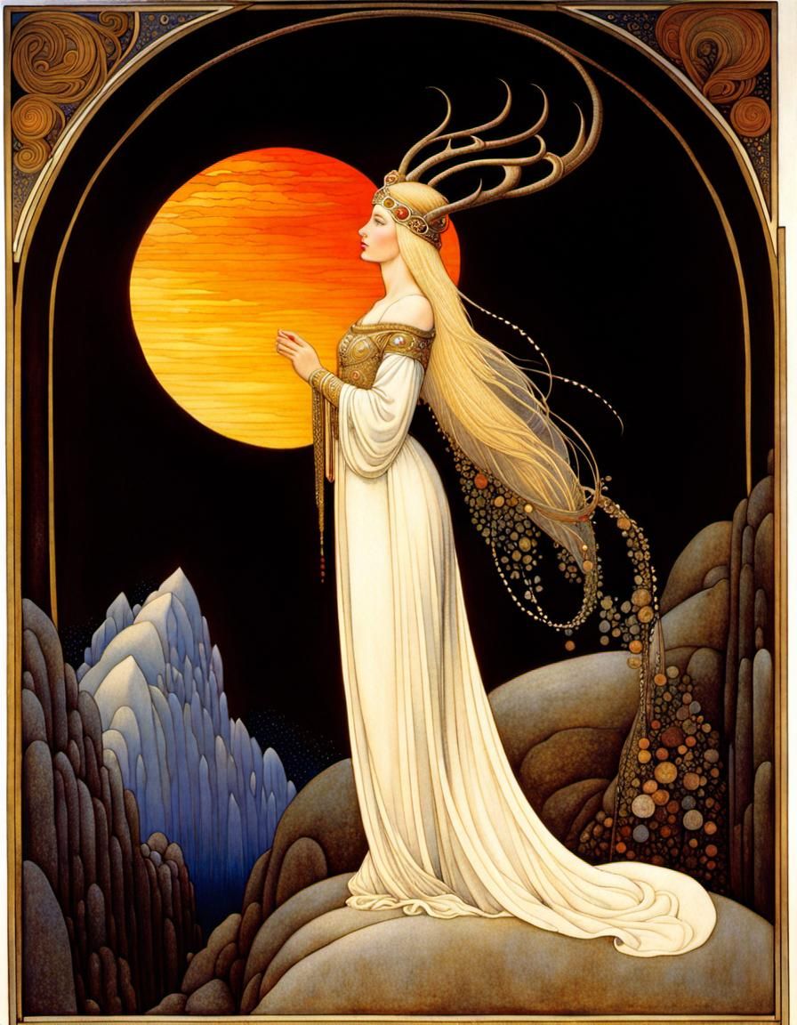 Woman with Stag Antlers in White Armor