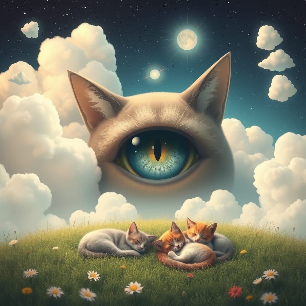 Celestial Cat Eye Guardian Over Kittens