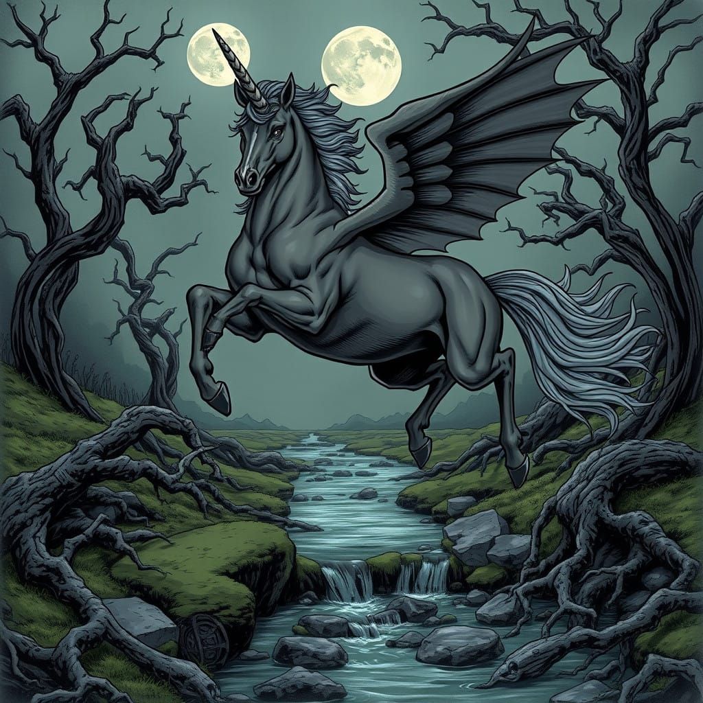 Majestic Dark Unicorn Leaps Over Brooking Waters