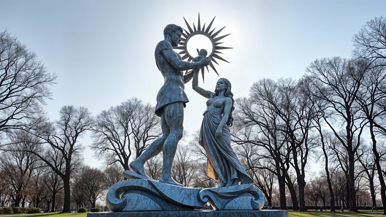 Stylized Family of Man and Woman Holding Child to the Sun in...