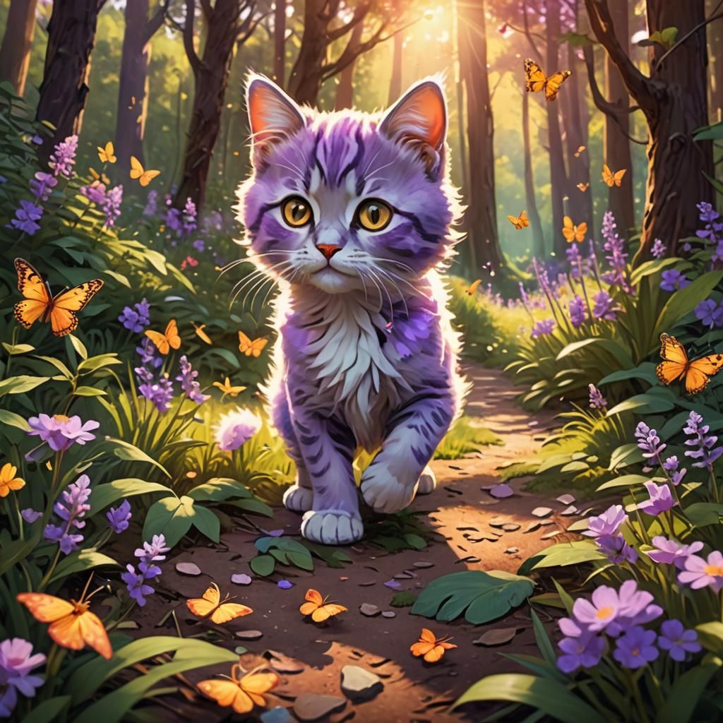 Lavender Kitty in Sunny Forest: Fantasy Concept Art