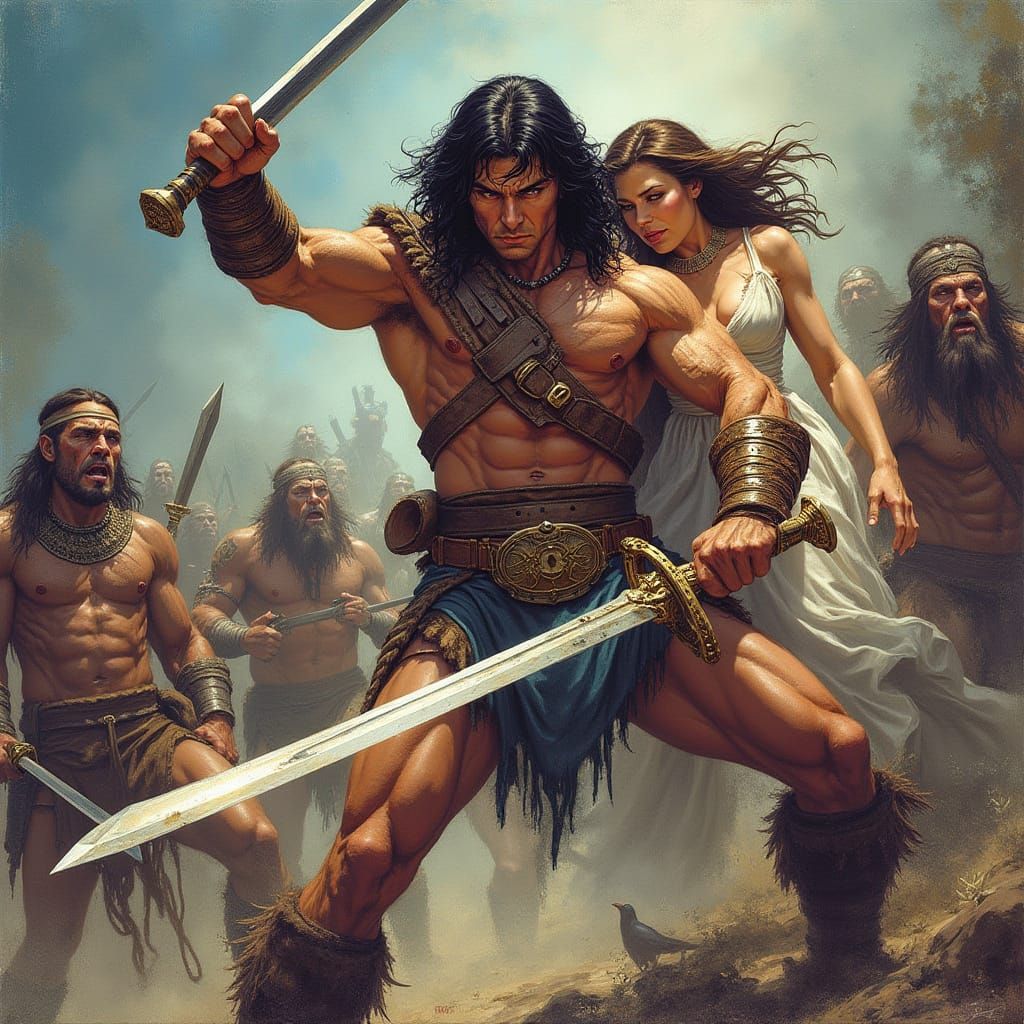 Conan Rescues Woman from Savages in Comic Art Style