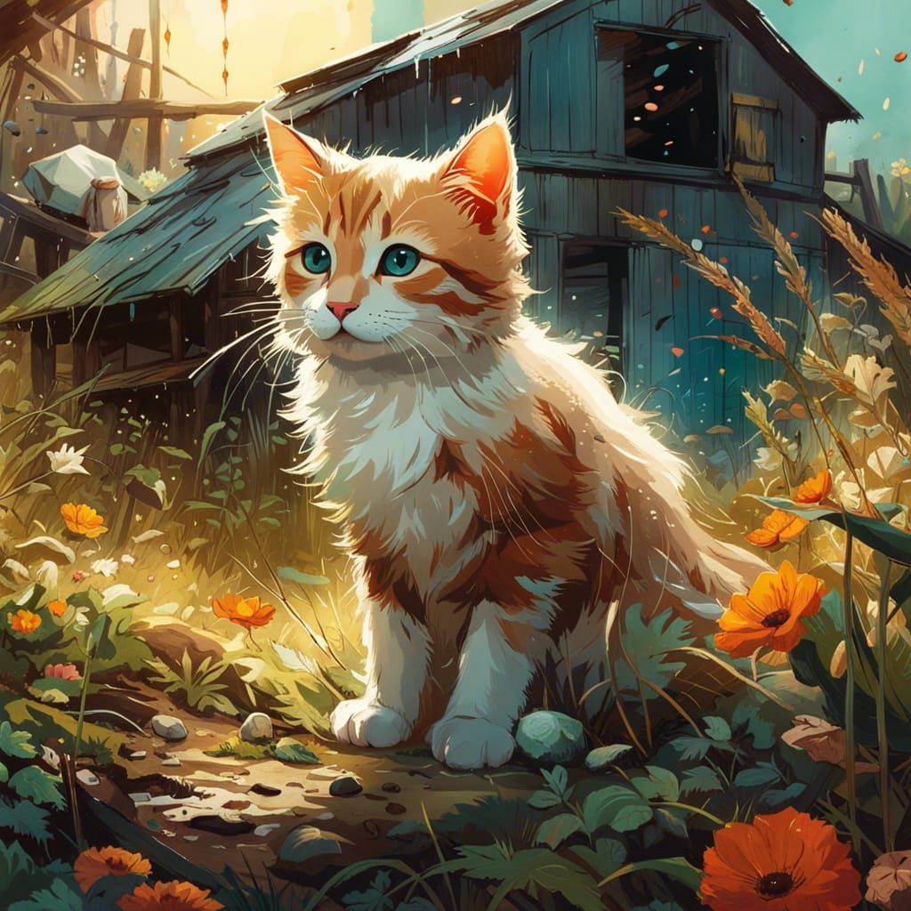 Cute Farm Cat in Hyperdetailed Digital Art Style