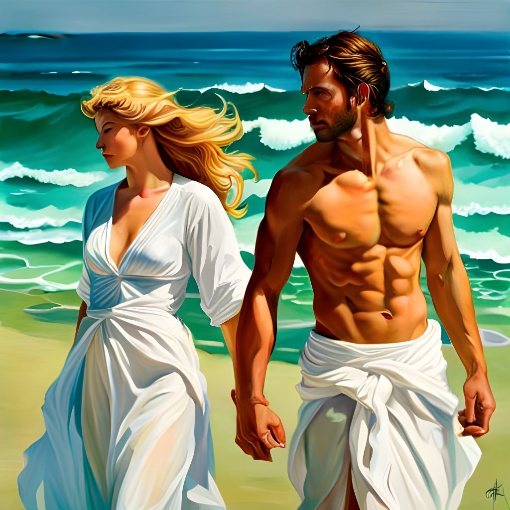 Beach Day Painting in Art Nouveau Style