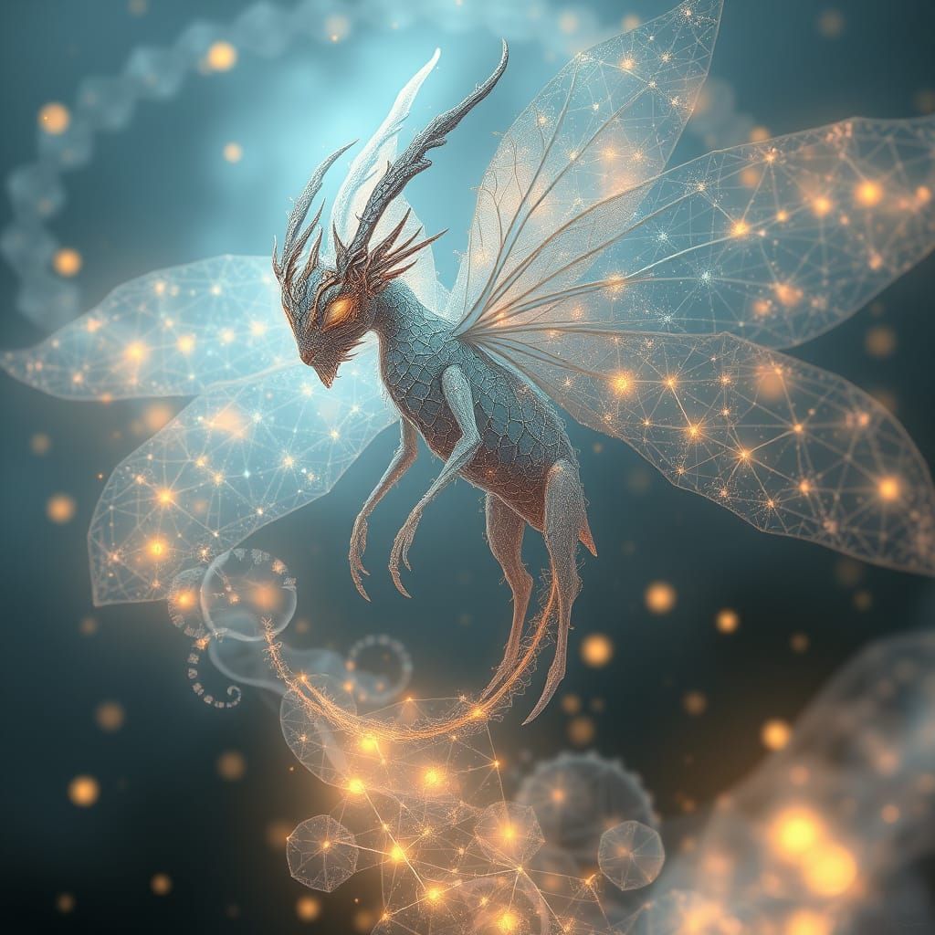 Ethereal Dragonfly Emerges from Iridescent Mist