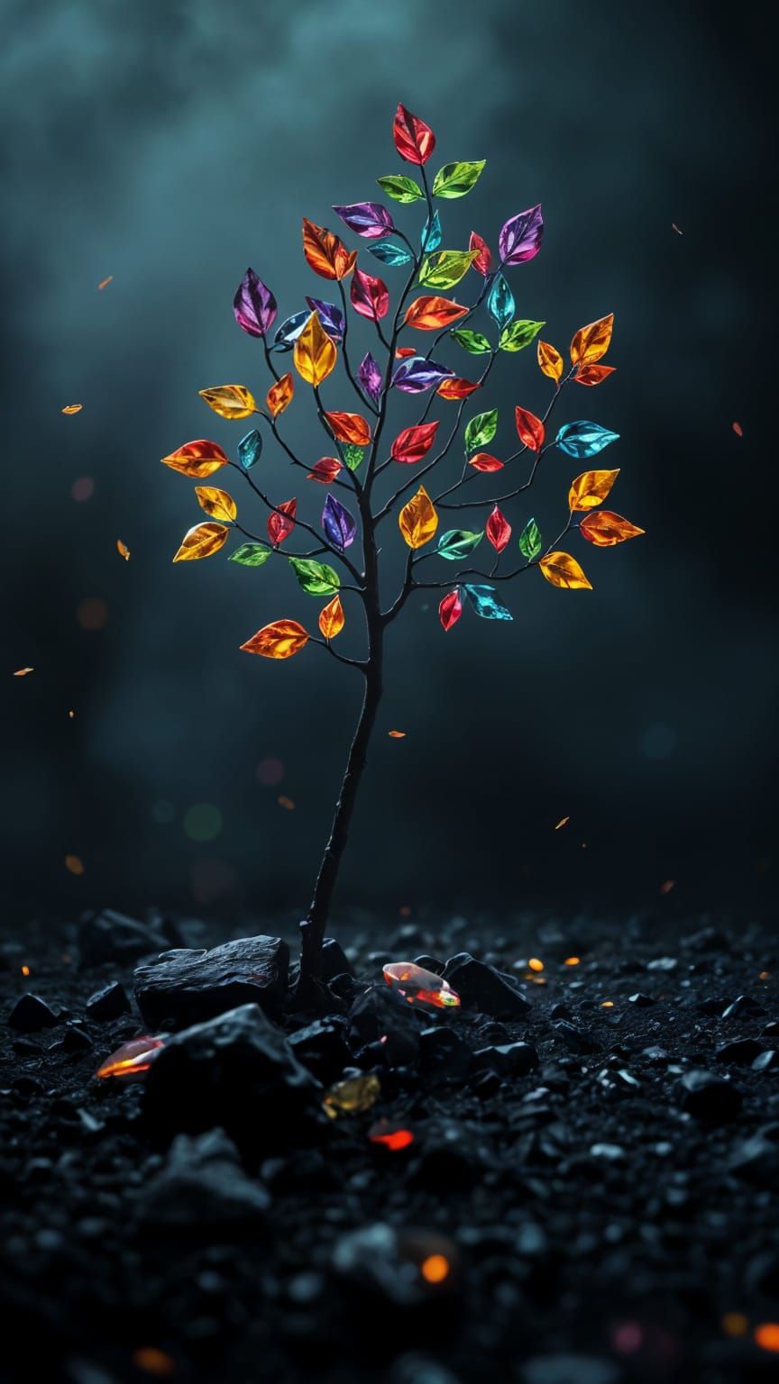 Dark Obsidian Land with Rainbow Crystal Tree