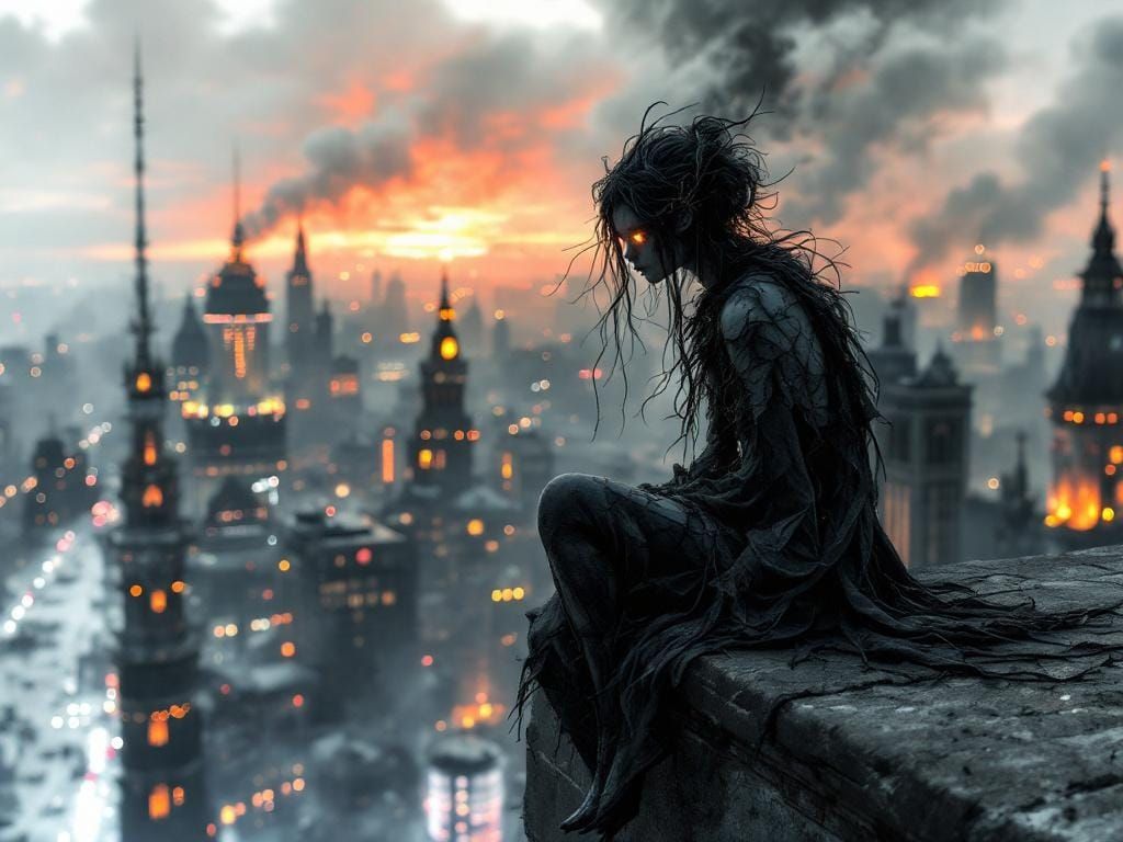 Ember-Eyed Fairy Surveys Cityscape in Hyper-Realistic Style