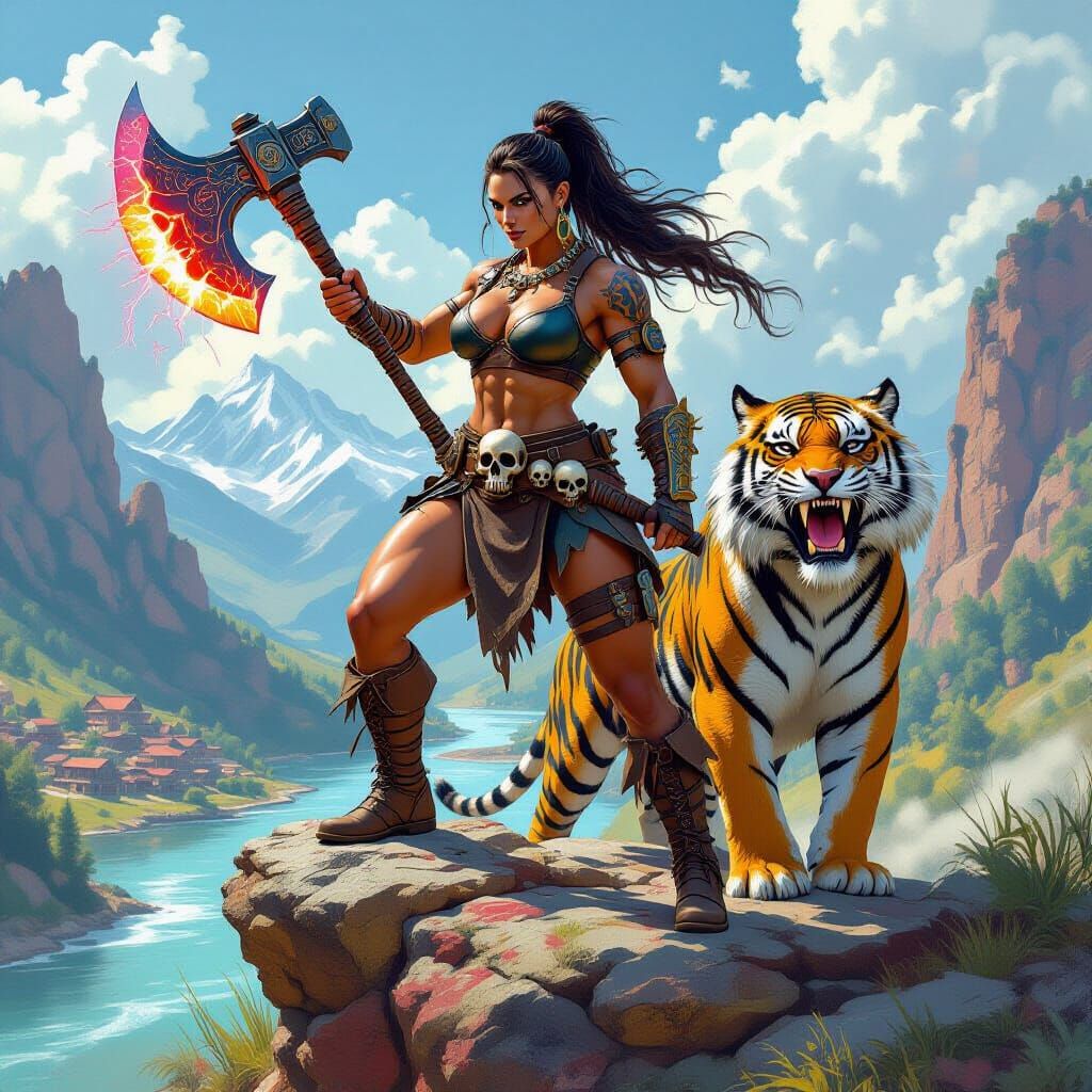 Barbarian Queen with Tiger in Graffiti Street Art Style