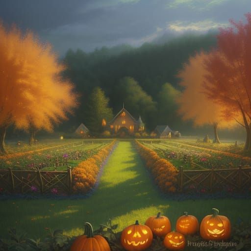 Golden Light on a Pumpkin Patch: Kinkade Style