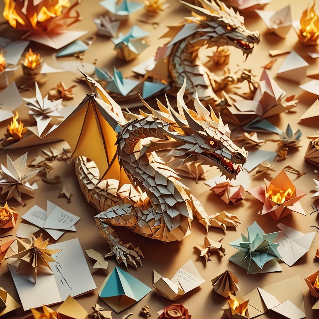 Papercraft Dragon Breathing Fire in Golden Light