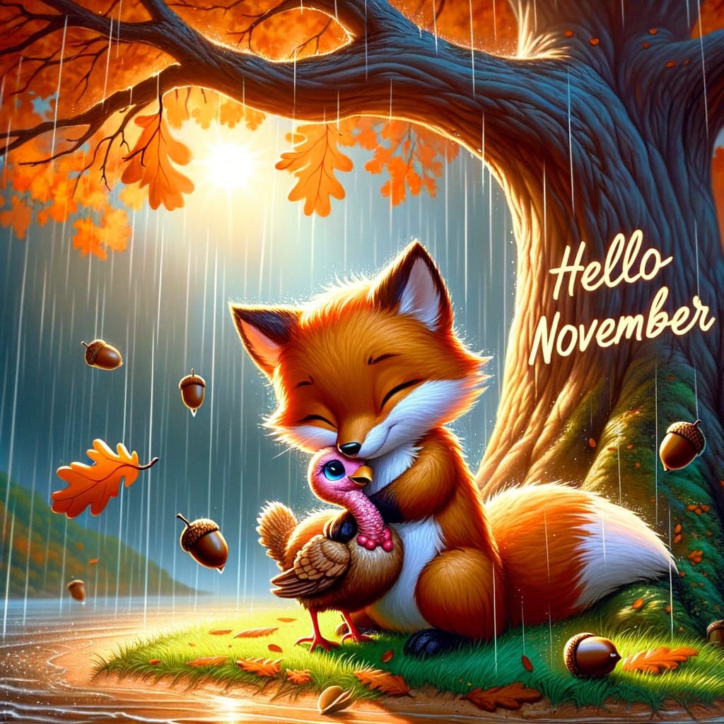 Adorable Fox Hugs Turkey on Rainy Autumn Day