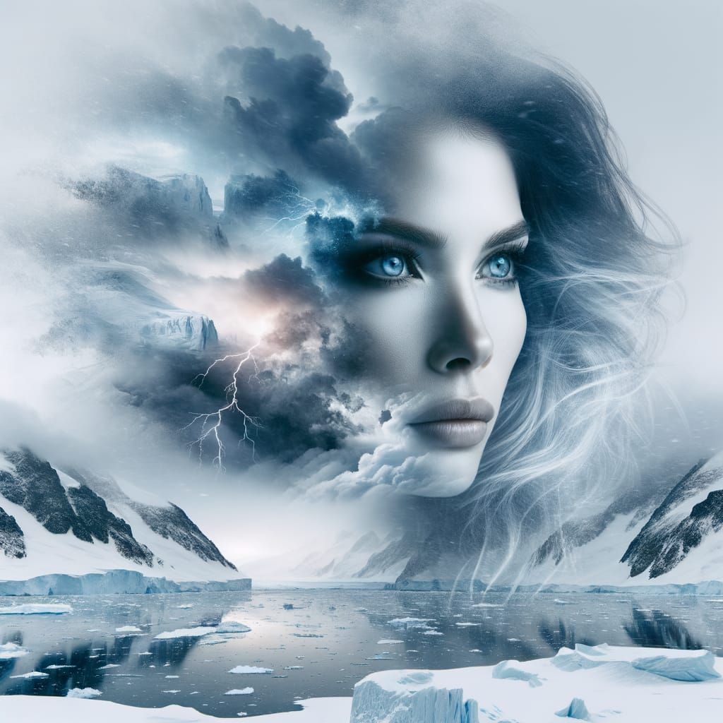 A dramatic and ethereal double exposure of a woman’s face, b...