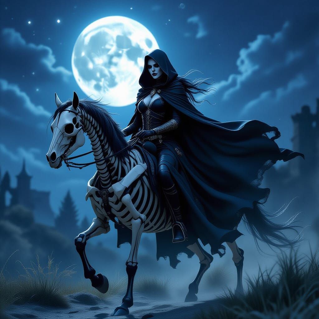 Female Drow Necromancer Rides Skeleton Horse