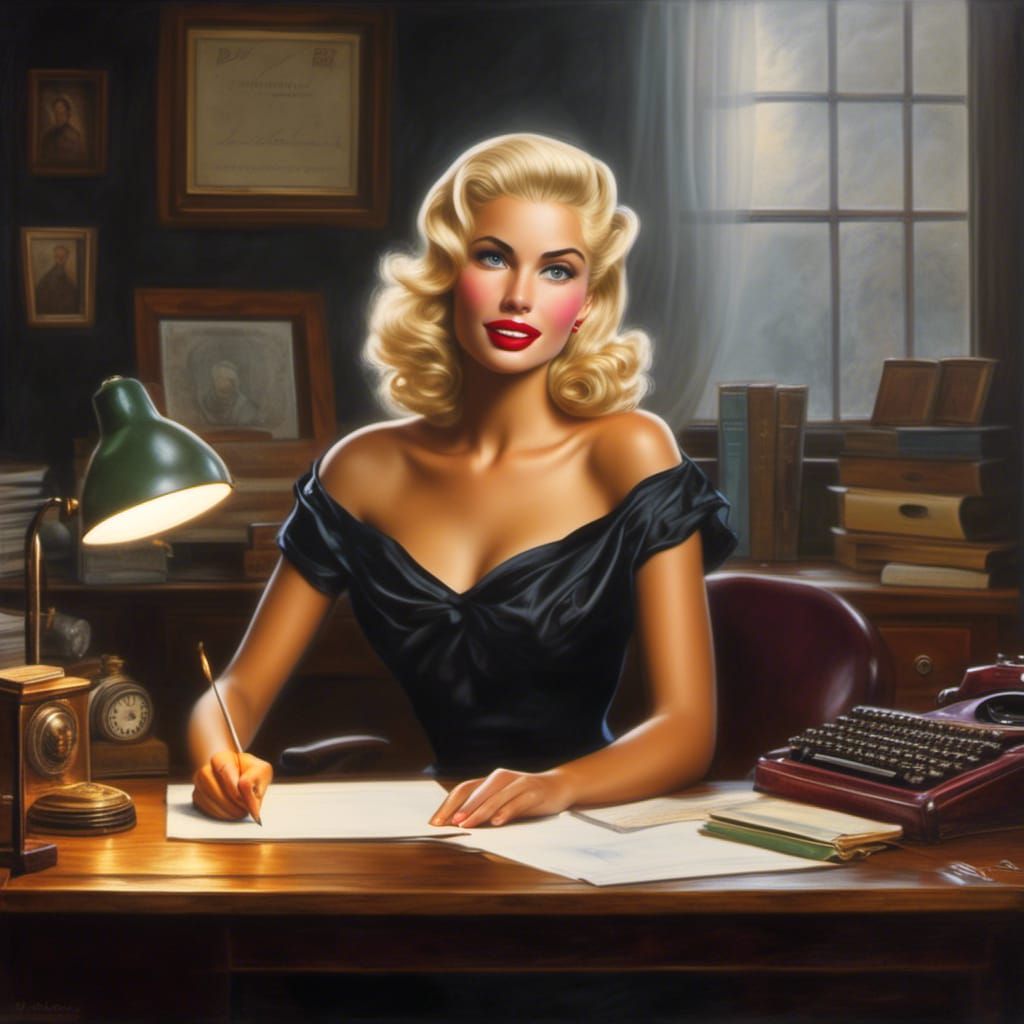 1950s Pinup Secretary as Glossy Oil Painting
