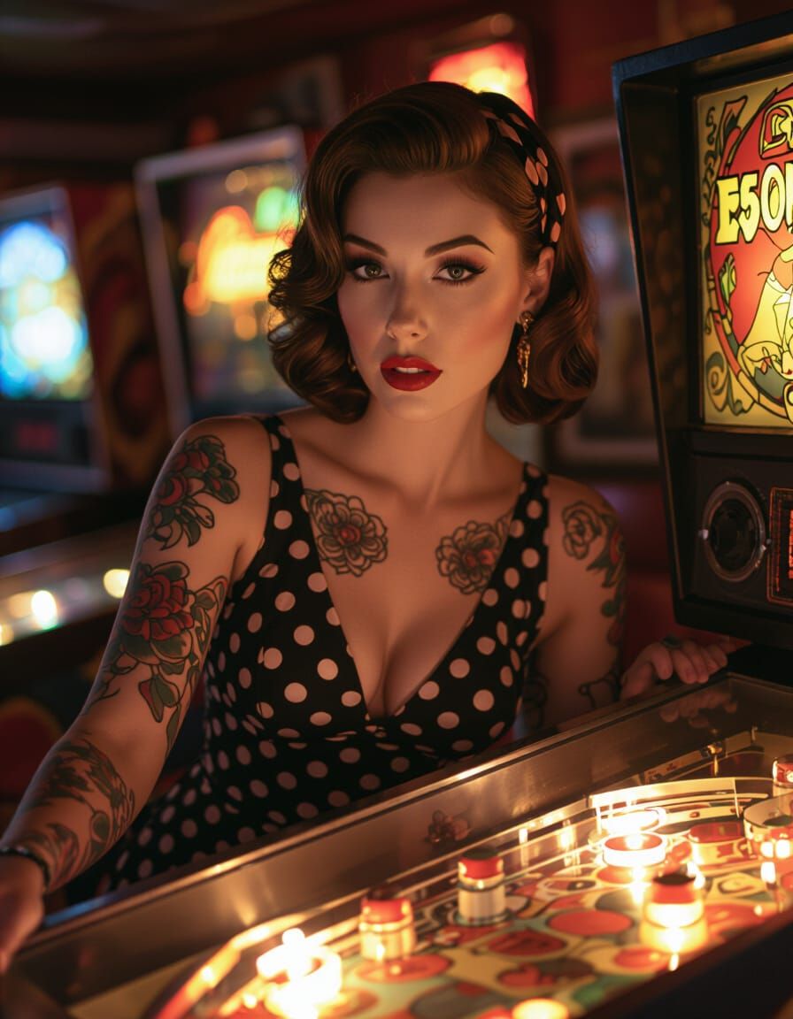 1950s Pin-Up Plays Pinball in Retro Bar