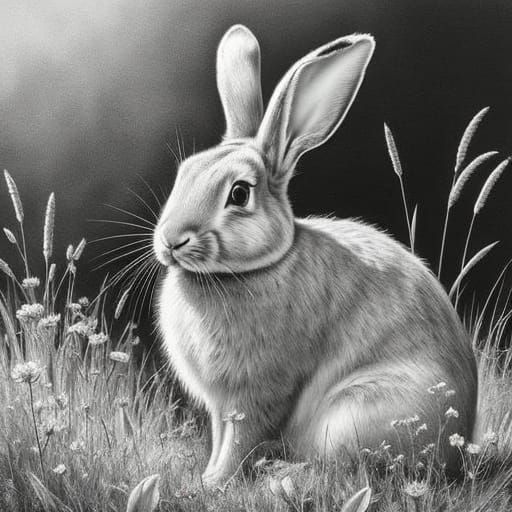 Flemish Giant Rabbit Drawing in Wildflower Meadow
