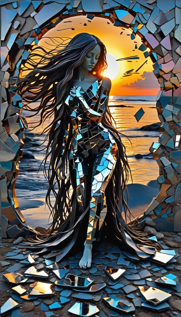 Surreal Sculpture of Woman with Cracked Mirrors