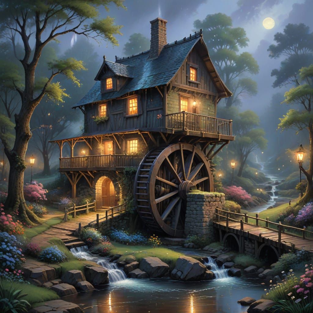 Serene Nighttime Waterwheel in Spring Rain