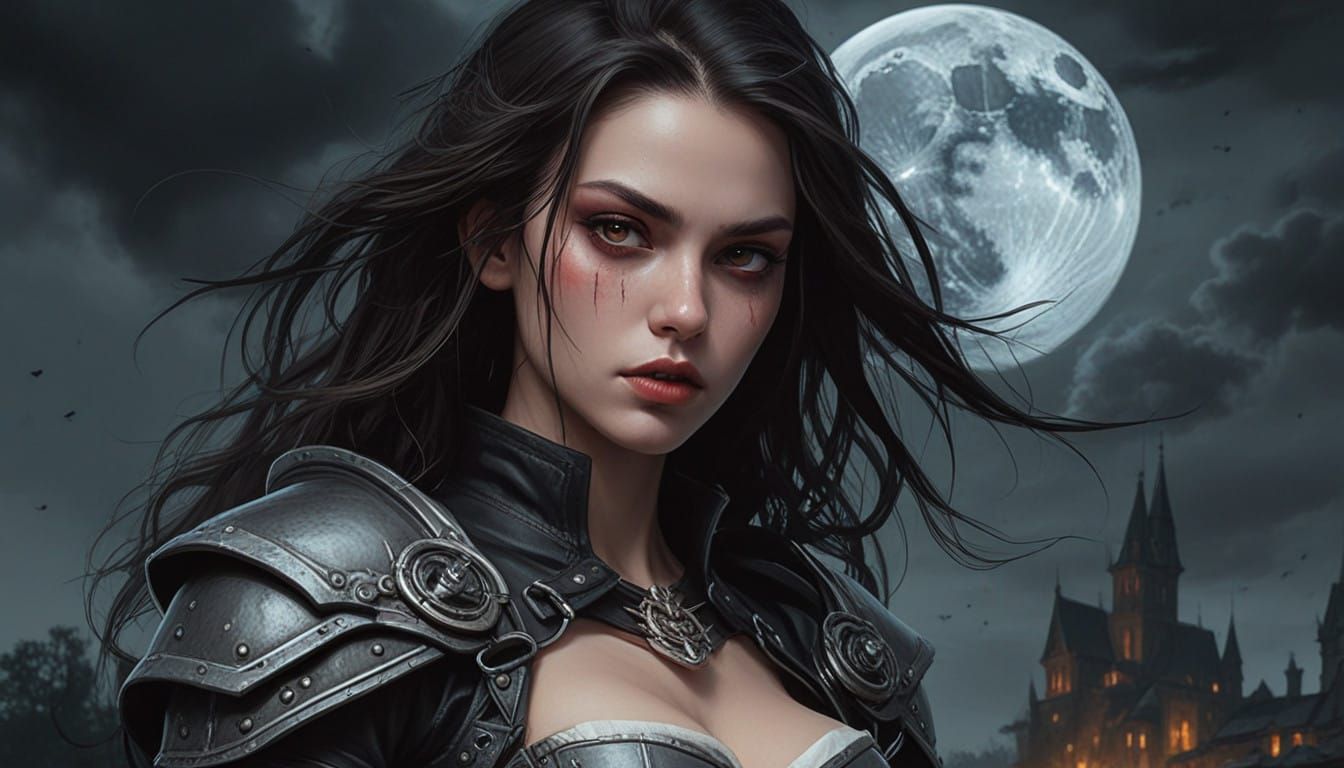 Grimdark Warrior Maiden Under Full Moon
