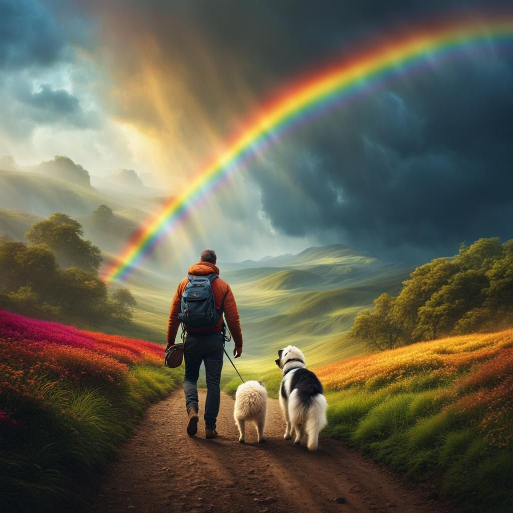 Dog and Master Stroll on Rainbow Bridge