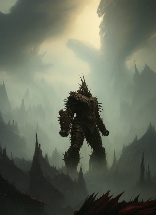 Menacing Armored Figure in Dark Fantasy Landscape