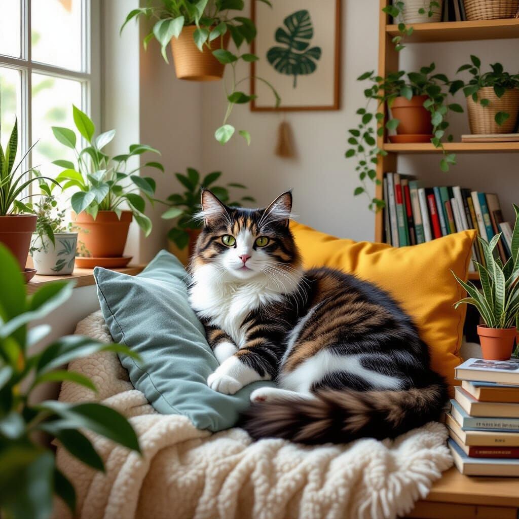 Millennial Cat Relaxing Surrounded by Plants in Miyazaki Sty...