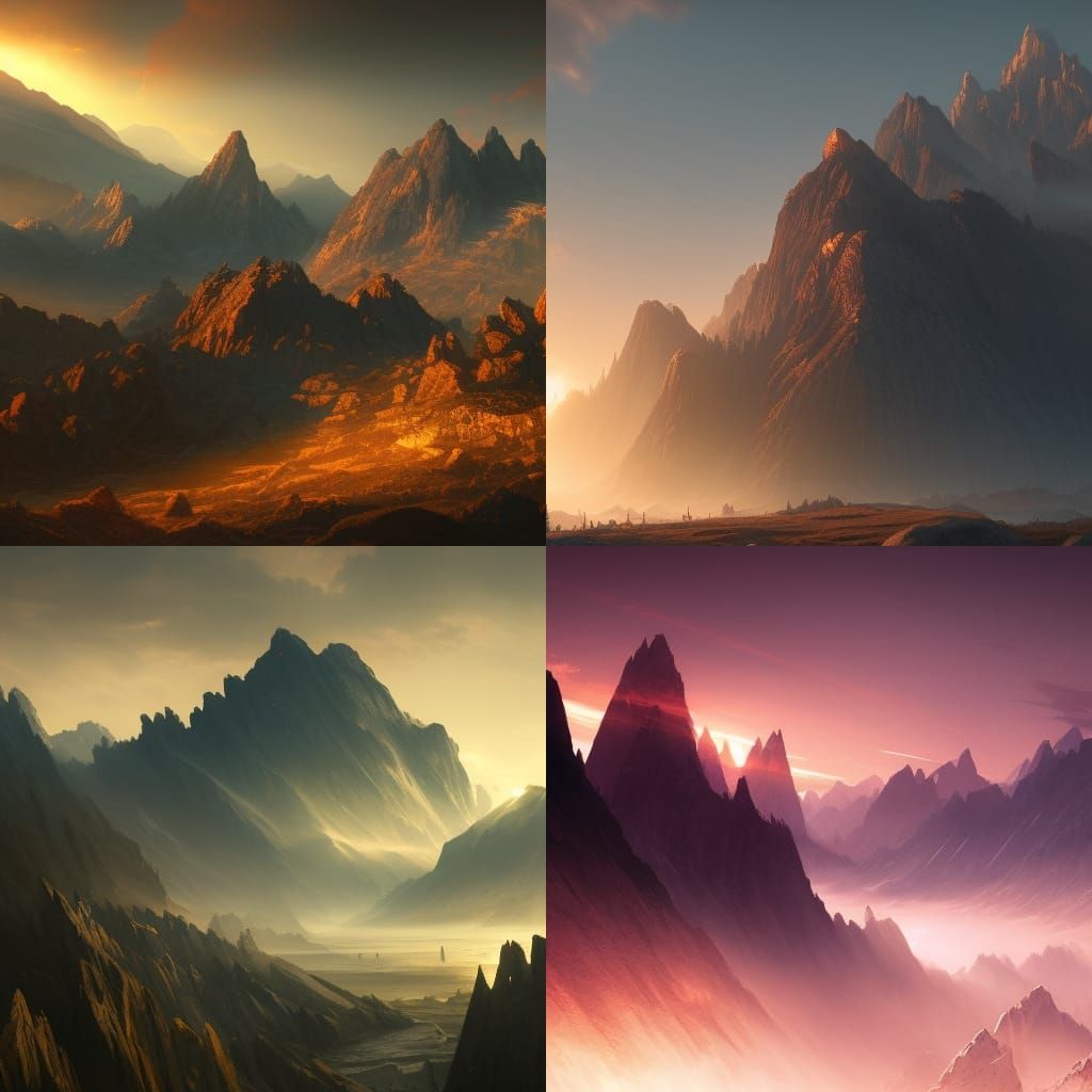 Majestic Mountain Sunrise in Dark Fantasy Style