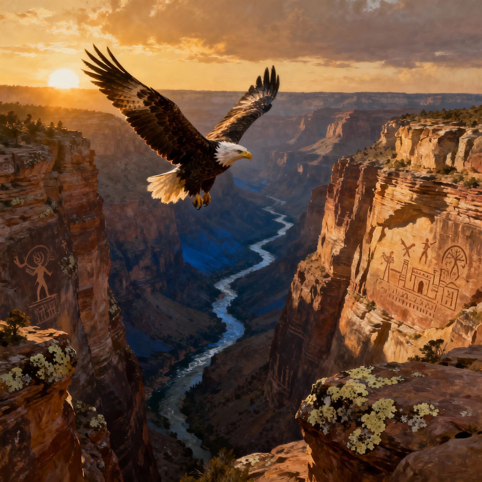 Majestic Eagle Soars Through Grand Canyon at Sunset